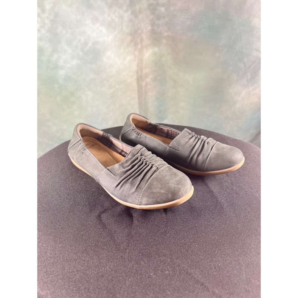Earth Origins Flex Flat Fara Charcoal Anthracite Grey Leather Slip On Shoes 8.5W